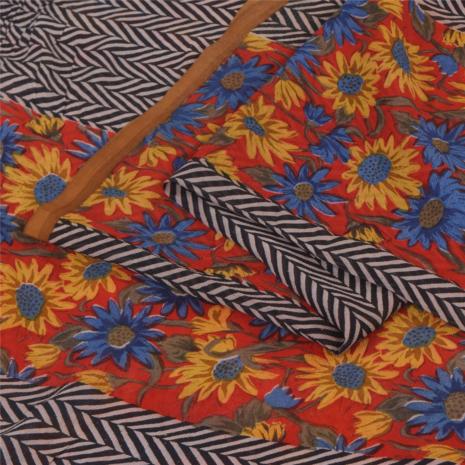 Sanskriti Vintage 100% Pure Chiffon Silk Multicolor Printed Sarees 5 YD Craft Fabric Versatile Uses-Sewing Patchwork Decor, Bag Making