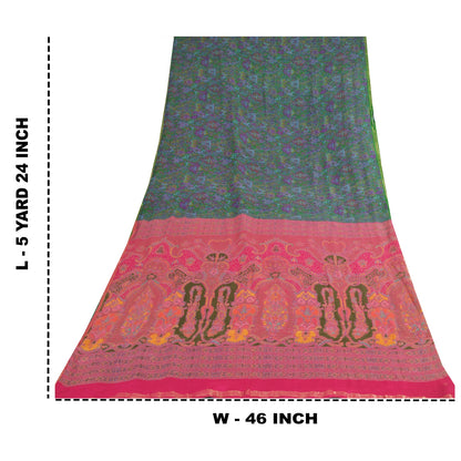 Sanskriti Vintage Sarees Green Indian Pure Silk Printed Sari Floral Craft Sustainable Fabric