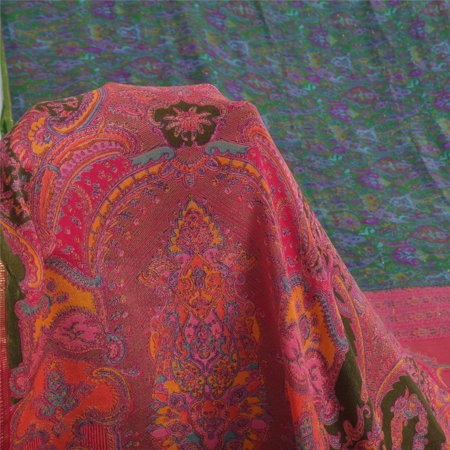 Sanskriti Vintage Sarees Green Indian Pure Silk Printed Sari Floral Craft Sustainable Fabric