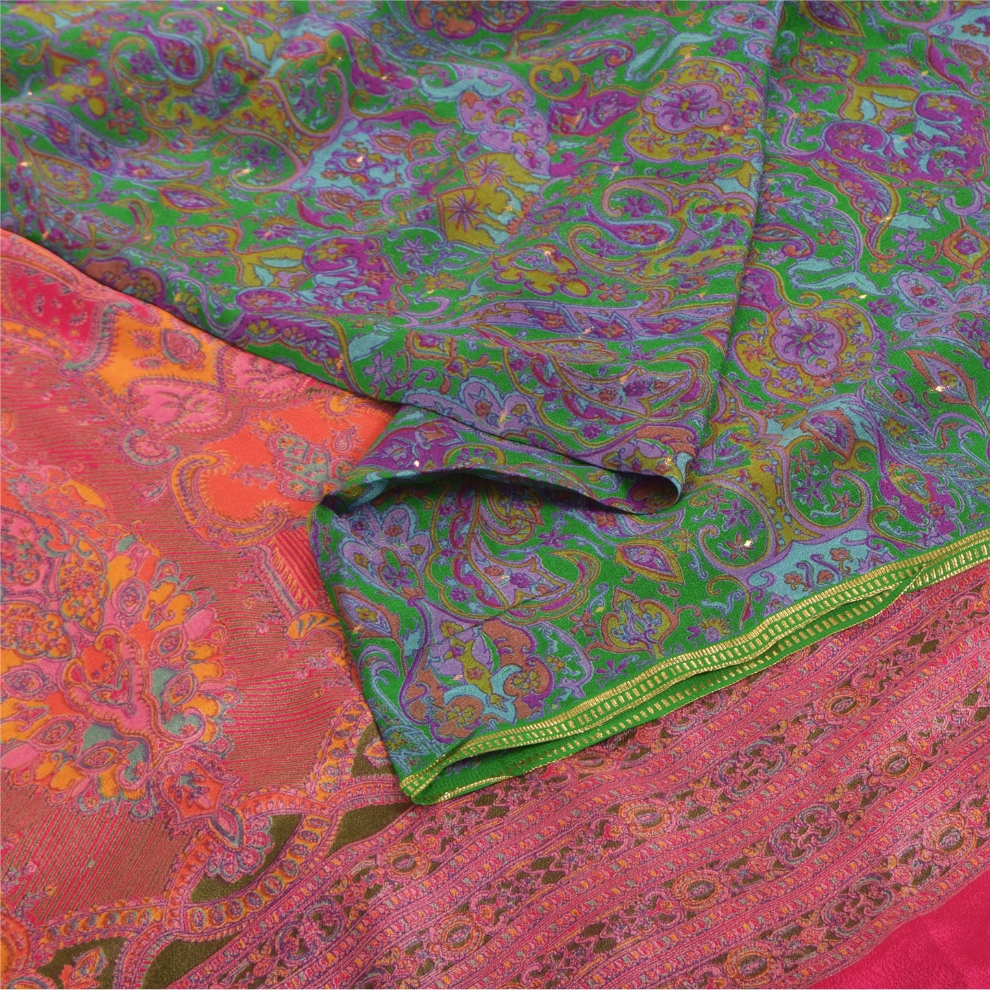 Sanskriti Vintage Sarees Green Indian Pure Silk Printed Sari Floral Craft Sustainable Fabric