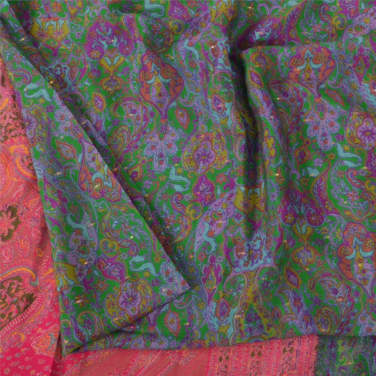 Sanskriti Vintage Sarees Green Indian Pure Silk Printed Sari Floral Craft Sustainable Fabric