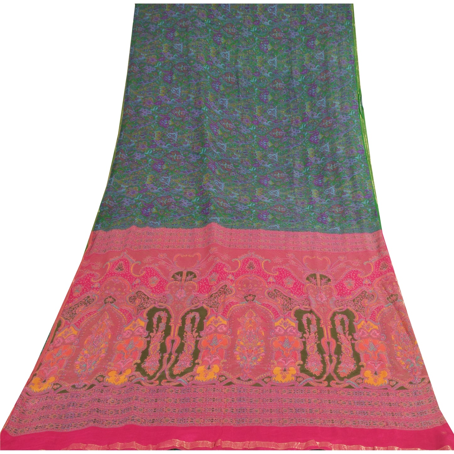 Sanskriti Vintage Sarees Green Indian Pure Silk Printed Sari Floral Craft Sustainable Fabric