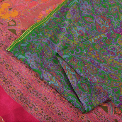 Sanskriti Vintage Sarees Green Indian Pure Silk Printed Sari Floral Craft Sustainable Fabric