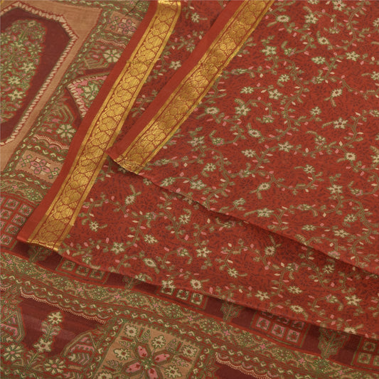Sanskriti Vintage Sarees Orange Zari Border Pure Silk Printed Sari Craft Sustainable Fabric