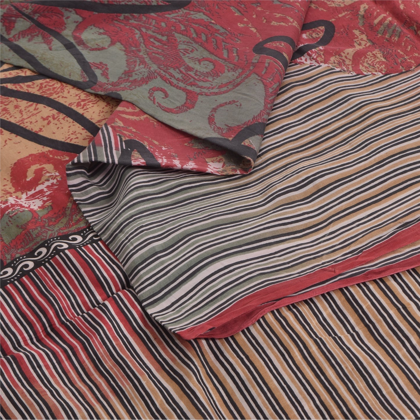 Sanskriti Vintage Sarees Red/Green 100% Pure Silk Printed Sari 5yd Craft Sustainable Fabric