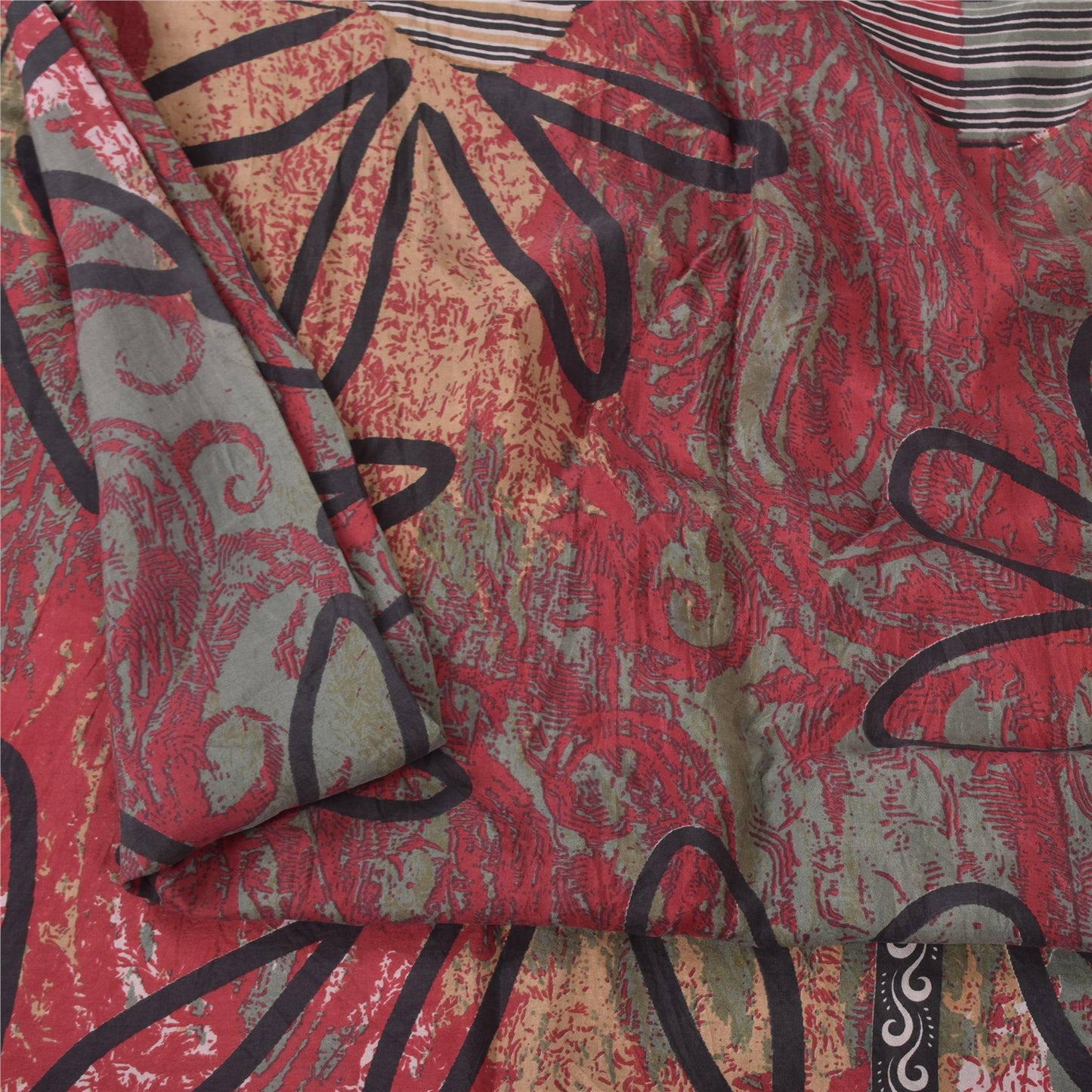 Sanskriti Vintage Sarees Red/Green 100% Pure Silk Printed Sari 5yd Craft Sustainable Fabric