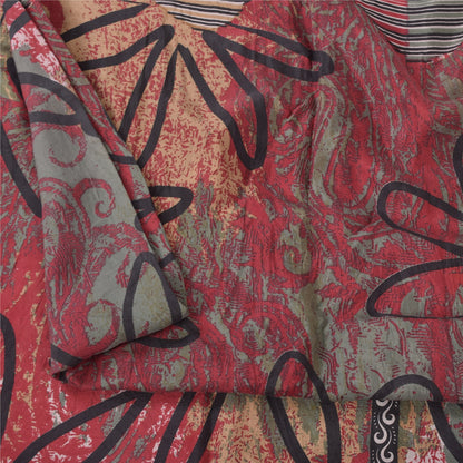 Sanskriti Vintage Sarees Red/Green 100% Pure Silk Printed Sari 5yd Craft Sustainable Fabric
