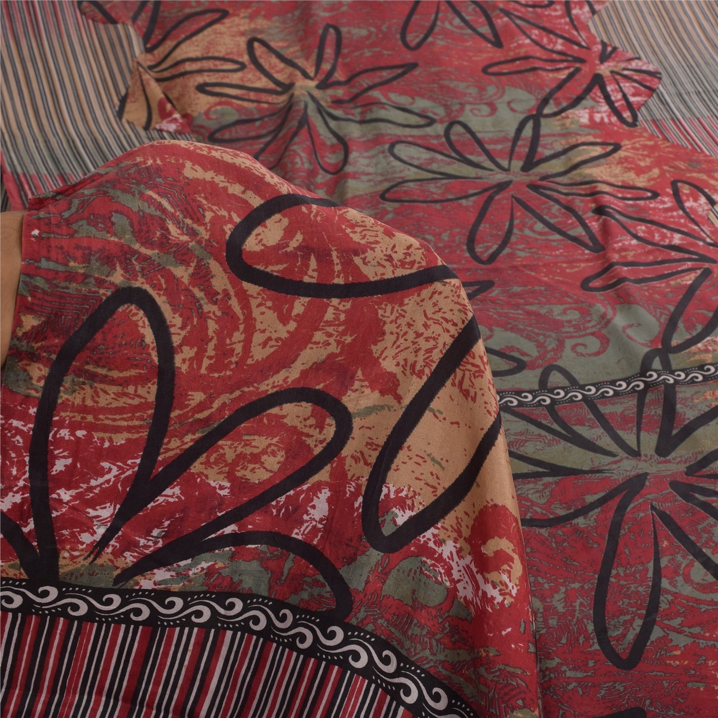 Sanskriti Vintage Sarees Red/Green 100% Pure Silk Printed Sari 5yd Craft Sustainable Fabric