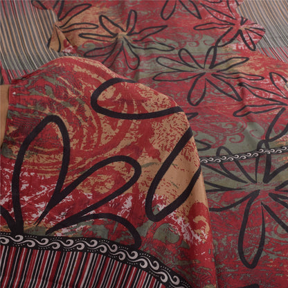 Sanskriti Vintage Sarees Red/Green 100% Pure Silk Printed Sari 5yd Craft Sustainable Fabric