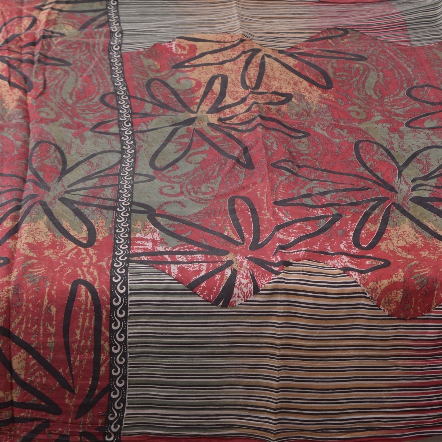 Sanskriti Vintage Sarees Red/Green 100% Pure Silk Printed Sari 5yd Craft Sustainable Fabric