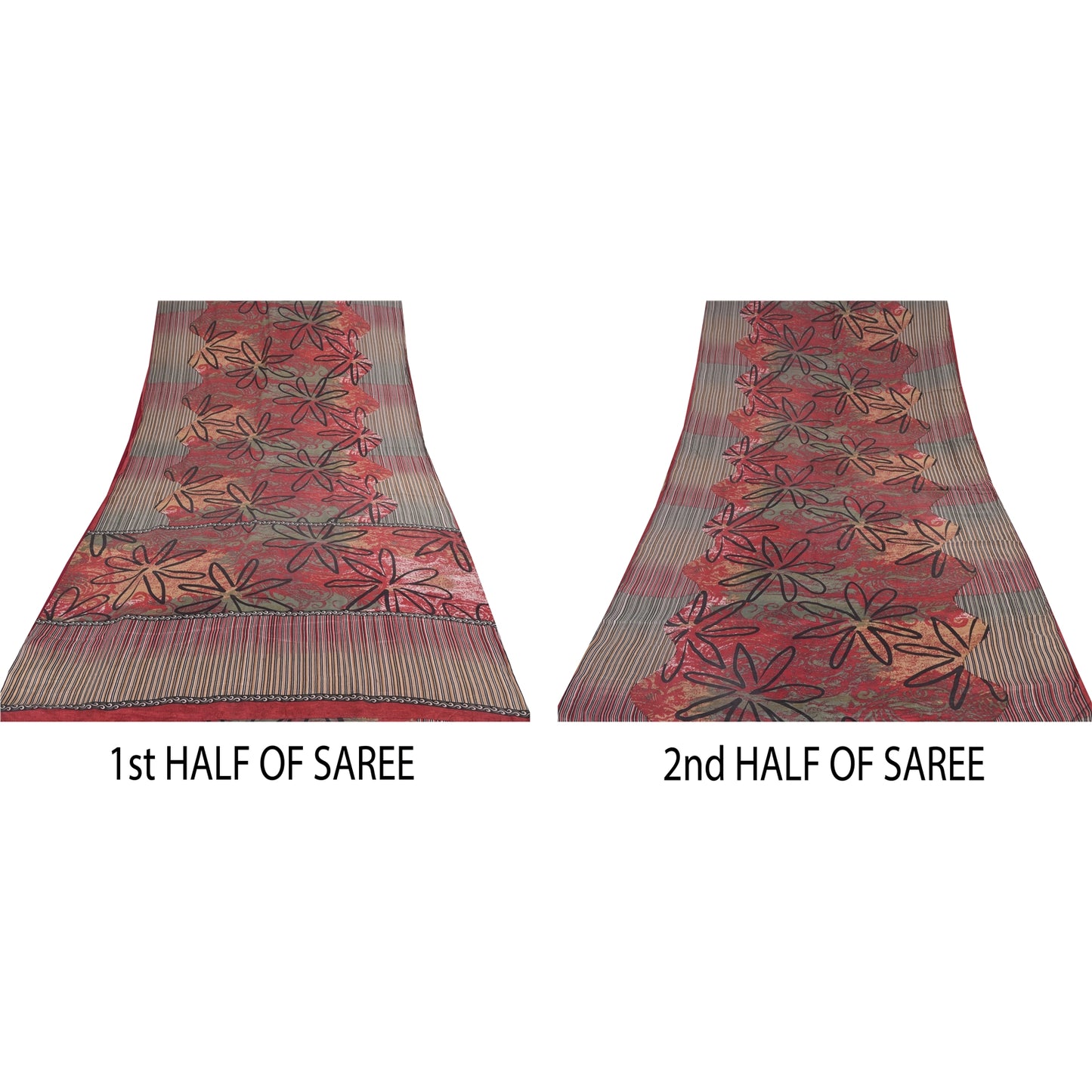 Sanskriti Vintage Sarees Red/Green 100% Pure Silk Printed Sari 5yd Craft Sustainable Fabric