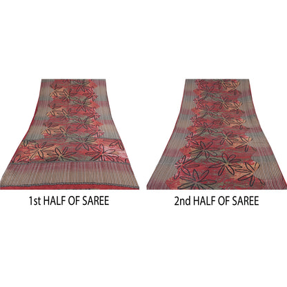 Sanskriti Vintage Sarees Red/Green 100% Pure Silk Printed Sari 5yd Craft Sustainable Fabric