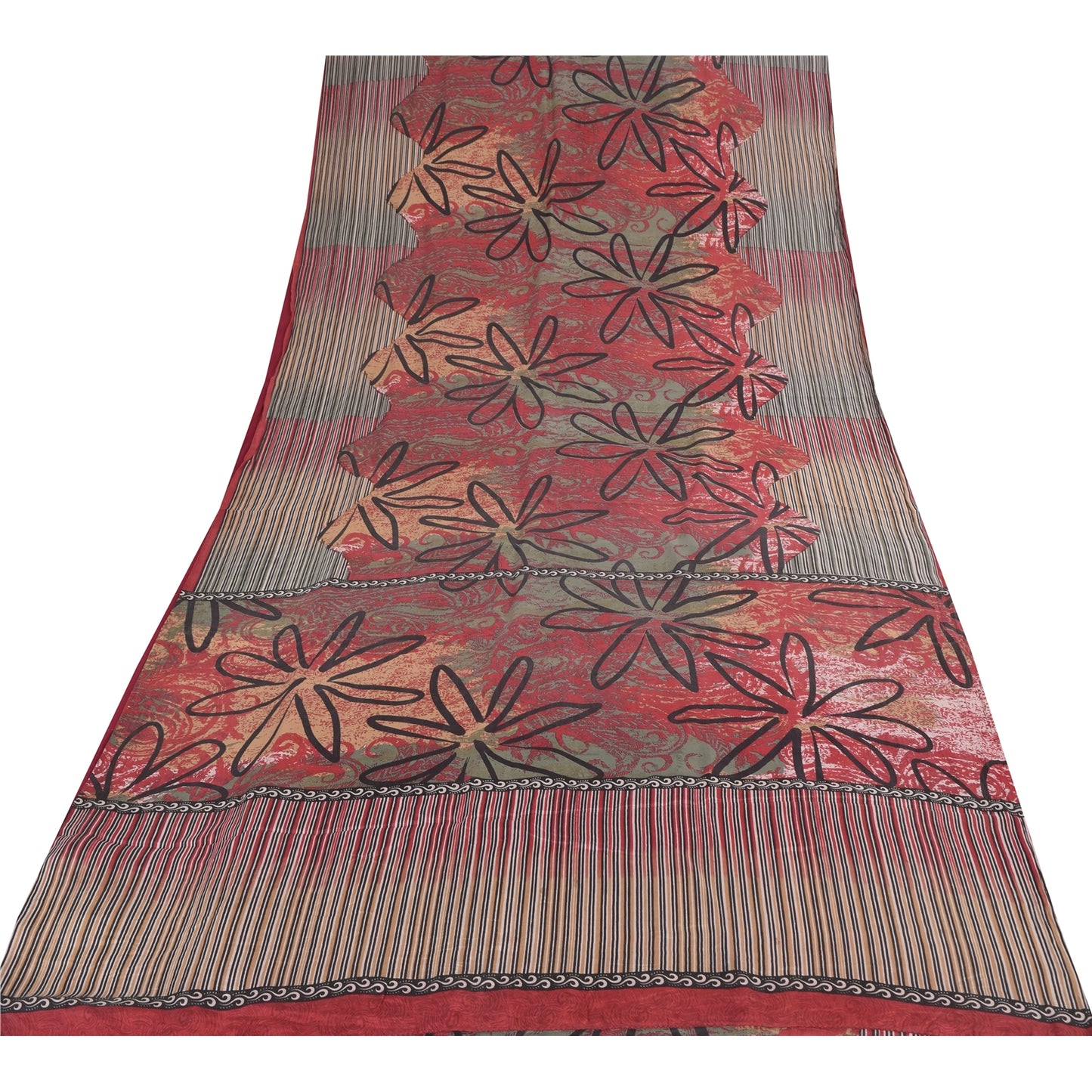 Sanskriti Vintage Sarees Red/Green 100% Pure Silk Printed Sari 5yd Craft Sustainable Fabric