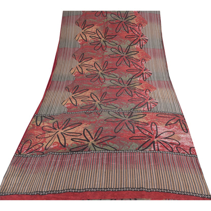 Sanskriti Vintage Sarees Red/Green 100% Pure Silk Printed Sari 5yd Craft Sustainable Fabric