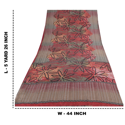 Sanskriti Vintage Sarees Red/Green 100% Pure Silk Printed Sari 5yd Craft Sustainable Fabric