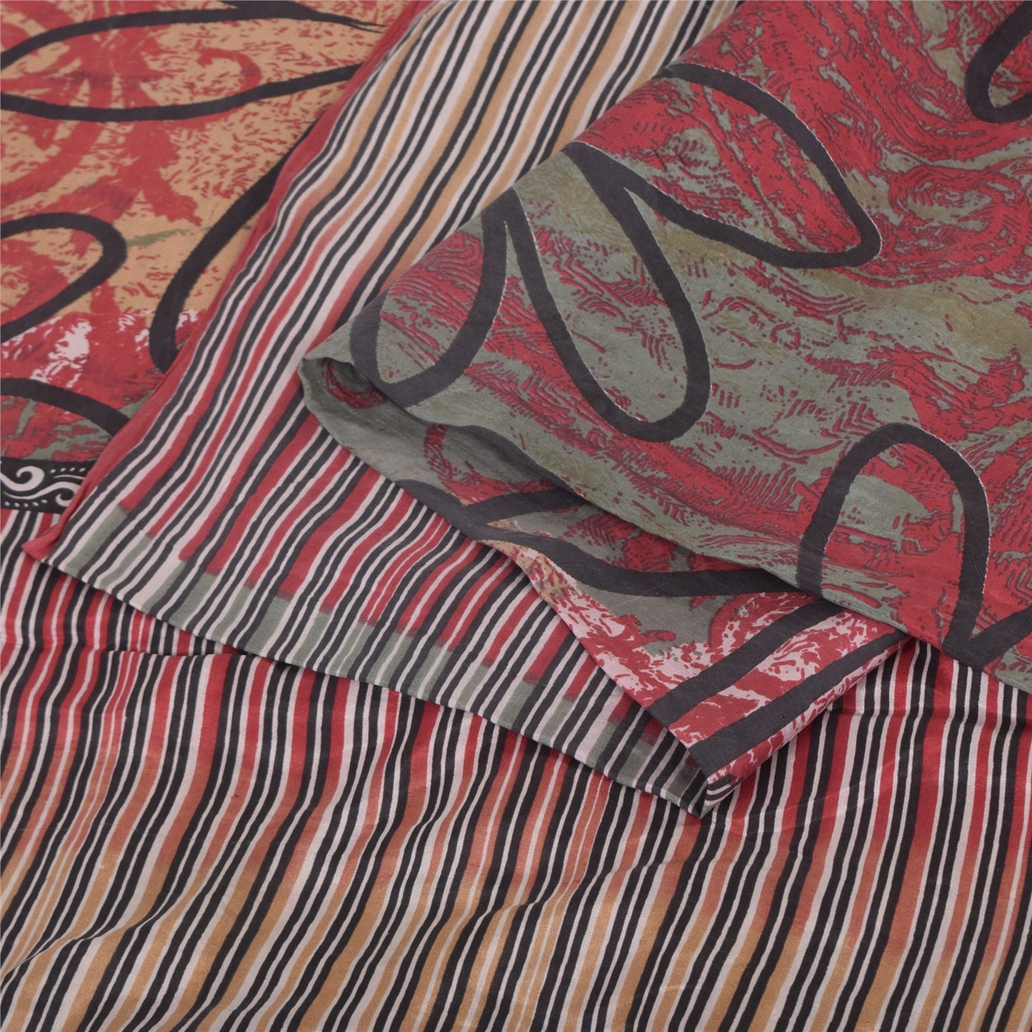 Sanskriti Vintage Sarees Red/Green 100% Pure Silk Printed Sari 5yd Craft Sustainable Fabric