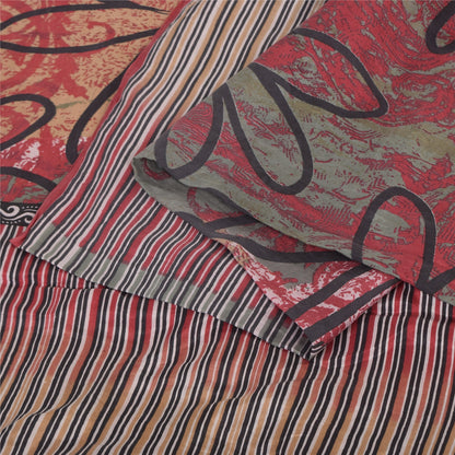 Sanskriti Vintage Sarees Red/Green 100% Pure Silk Printed Sari 5yd Craft Sustainable Fabric