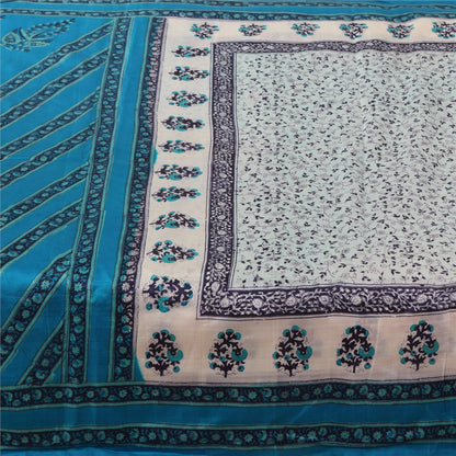 Sanskriti Vintage Sarees Ivory/Blue 100% Pure Silk Printed Sari 5yd Craft Sustainable Fabric