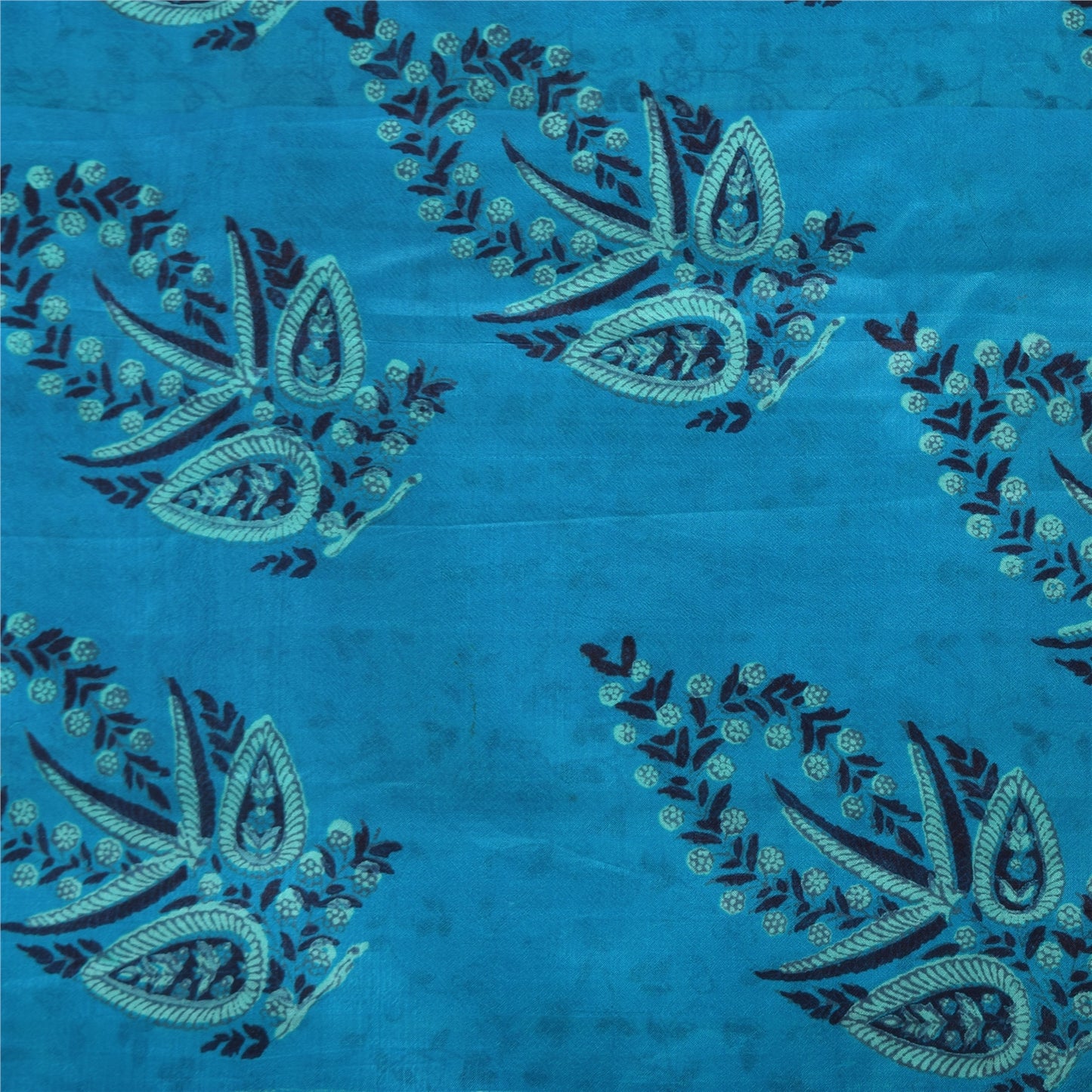 Sanskriti Vintage Sarees Ivory/Blue 100% Pure Silk Printed Sari 5yd Craft Sustainable Fabric