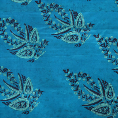 Sanskriti Vintage Sarees Ivory/Blue 100% Pure Silk Printed Sari 5yd Craft Sustainable Fabric