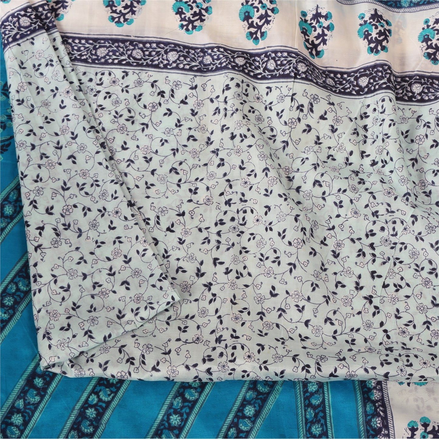 Sanskriti Vintage Sarees Ivory/Blue 100% Pure Silk Printed Sari 5yd Craft Sustainable Fabric
