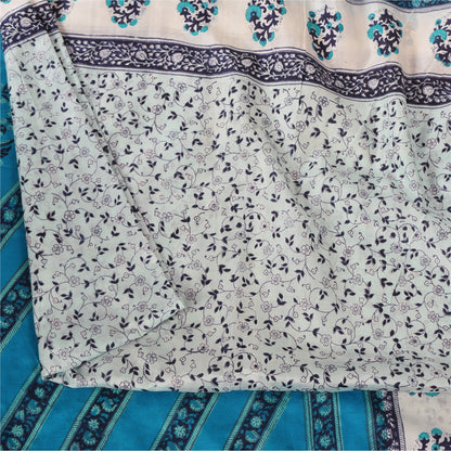 Sanskriti Vintage Sarees Ivory/Blue 100% Pure Silk Printed Sari 5yd Craft Sustainable Fabric