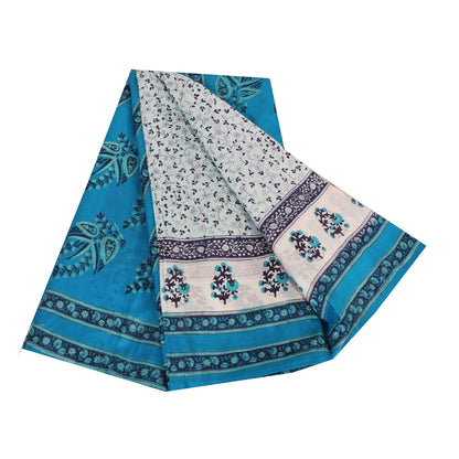 Sanskriti Vintage Sarees Ivory/Blue 100% Pure Silk Printed Sari 5yd Craft Sustainable Fabric
