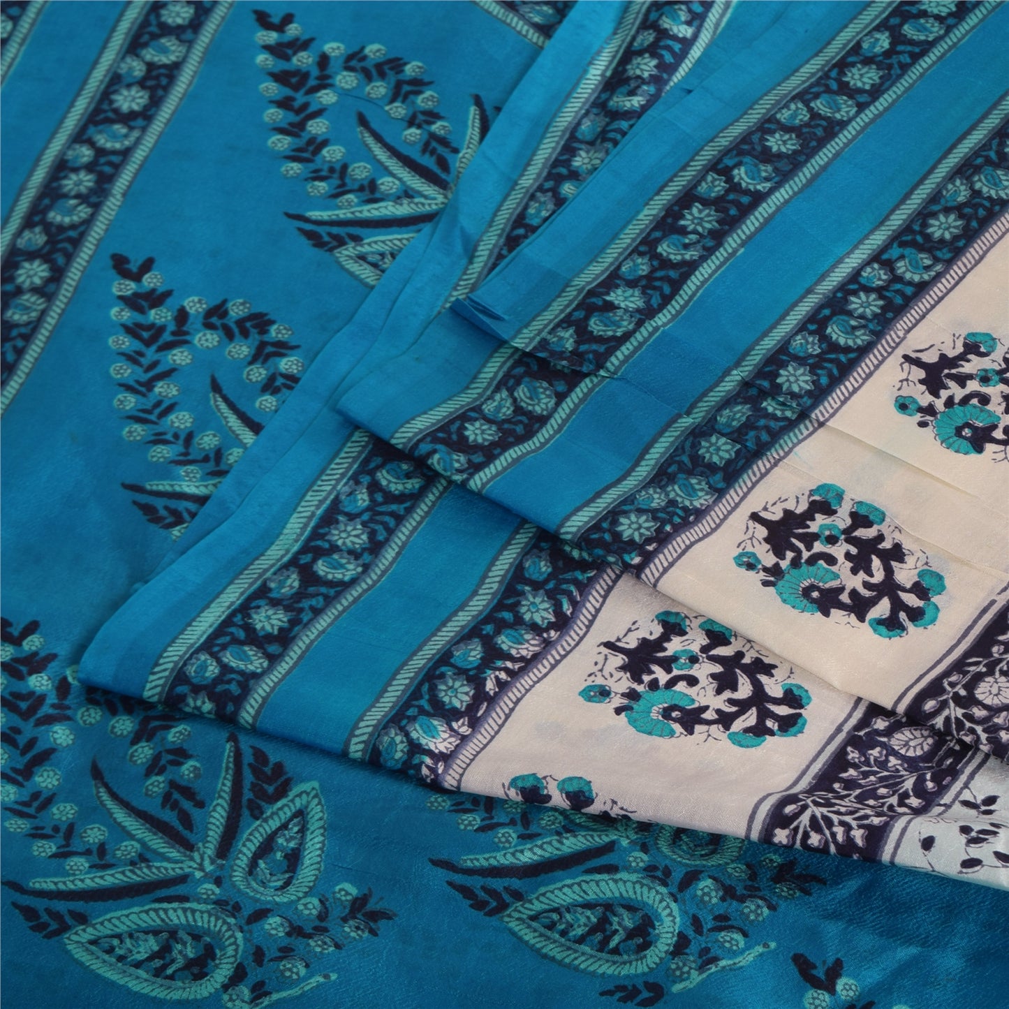 Sanskriti Vintage Sarees Ivory/Blue 100% Pure Silk Printed Sari 5yd Craft Sustainable Fabric