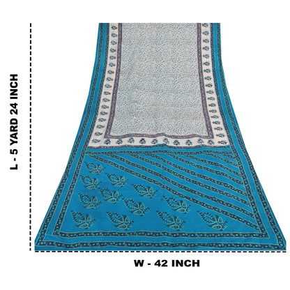 Sanskriti Vintage Sarees Ivory/Blue 100% Pure Silk Printed Sari 5yd Craft Sustainable Fabric