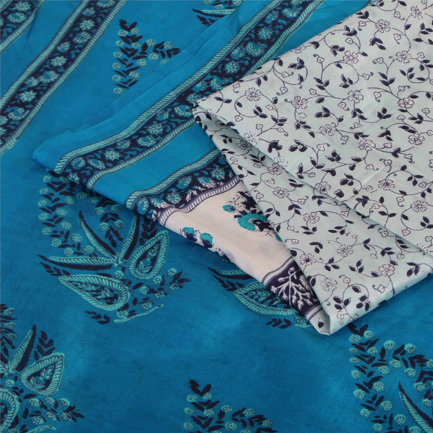 Sanskriti Vintage Sarees Ivory/Blue 100% Pure Silk Printed Sari 5yd Craft Sustainable Fabric