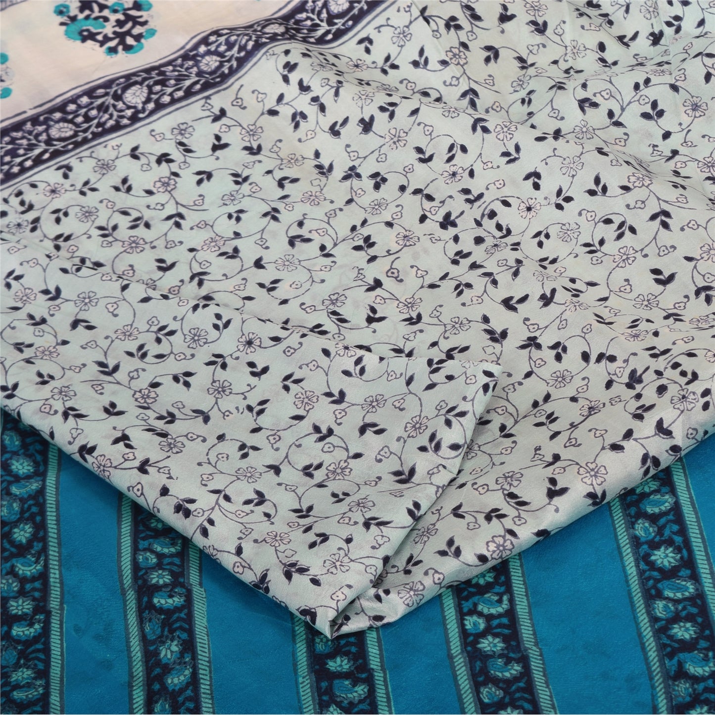 Sanskriti Vintage Sarees Ivory/Blue 100% Pure Silk Printed Sari 5yd Craft Sustainable Fabric