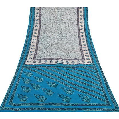 Sanskriti Vintage Sarees Ivory/Blue 100% Pure Silk Printed Sari 5yd Craft Sustainable Fabric