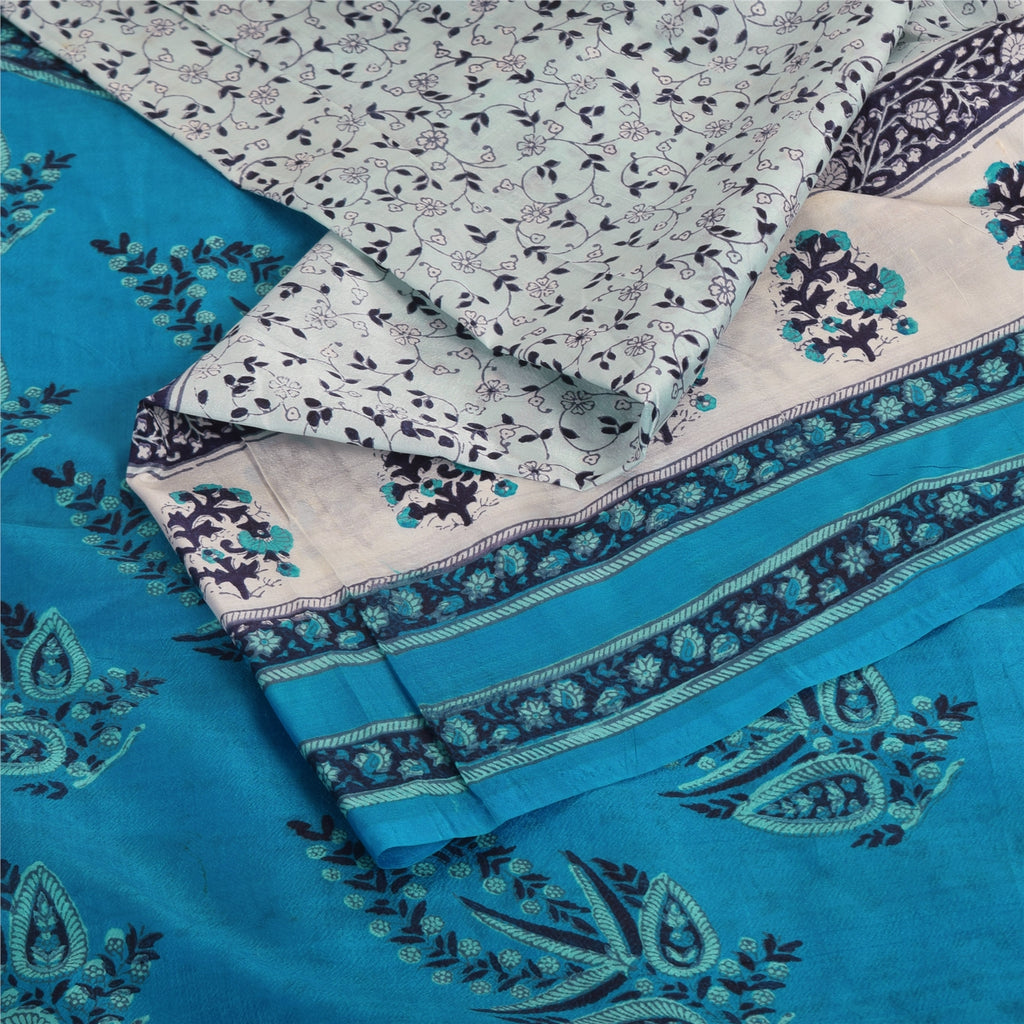 Sanskriti Vintage Sarees Ivory/Blue 100% Pure Silk Printed Sari 5yd Craft Sustainable Fabric