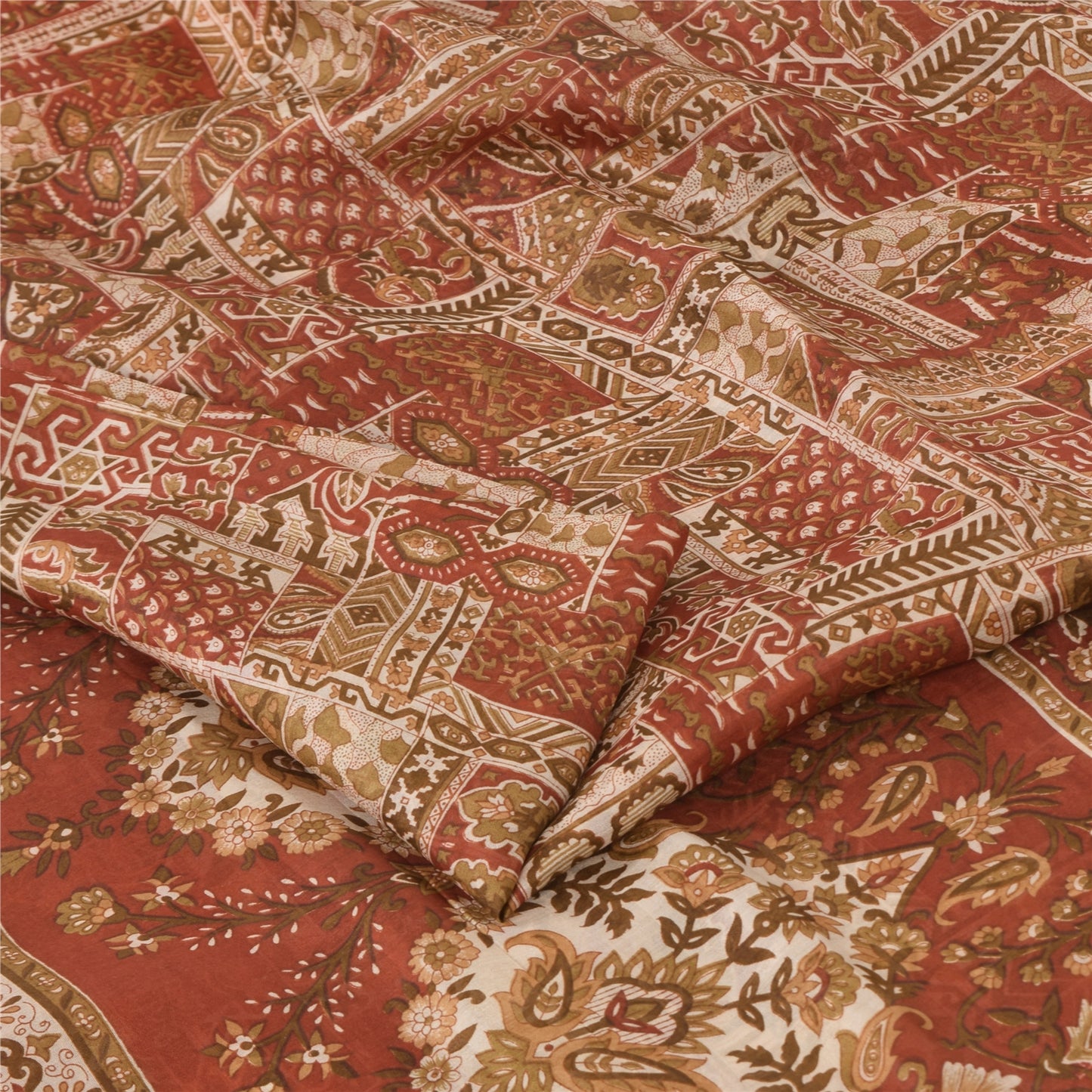 Sanskriti Vintage Sarees Orange Indian Pure Silk Printed Sari 5yd Craft Sustainable Fabric