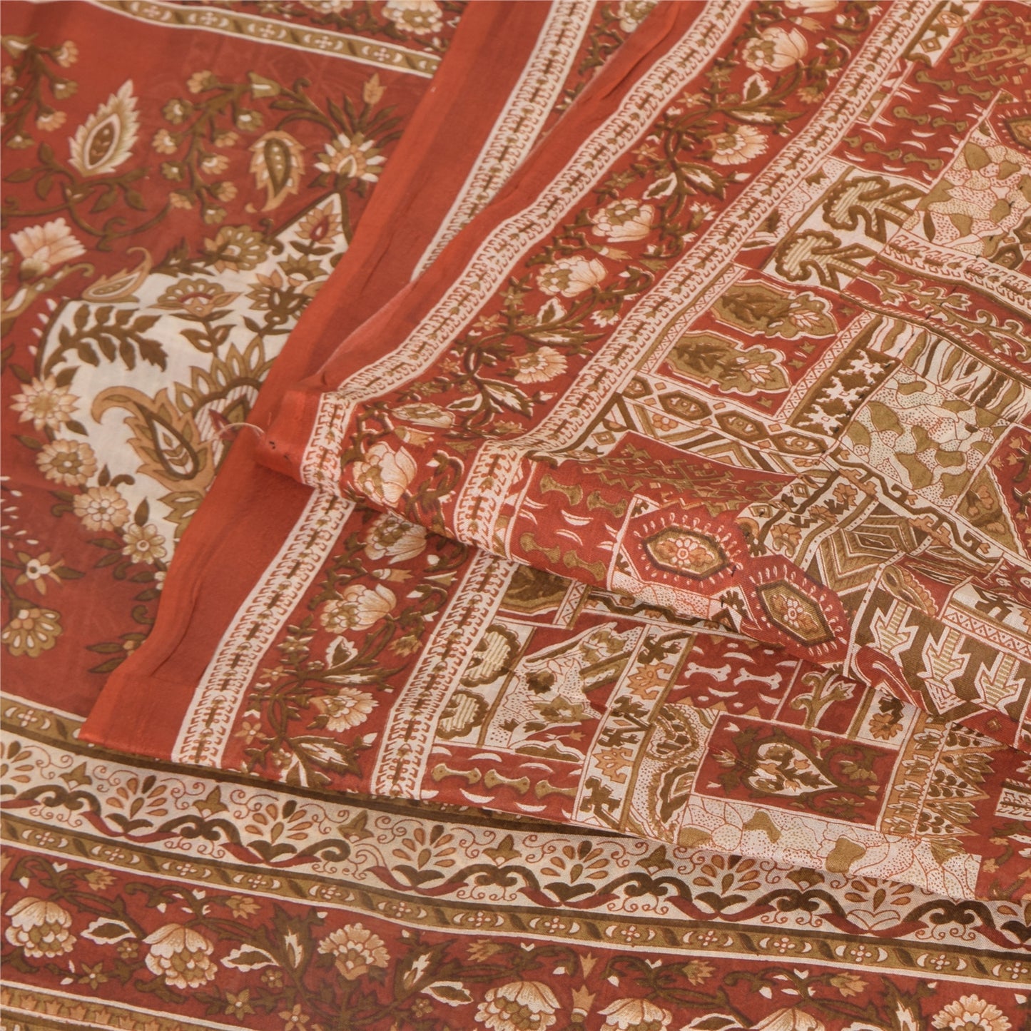 Sanskriti Vintage Sarees Orange Indian Pure Silk Printed Sari 5yd Craft Sustainable Fabric