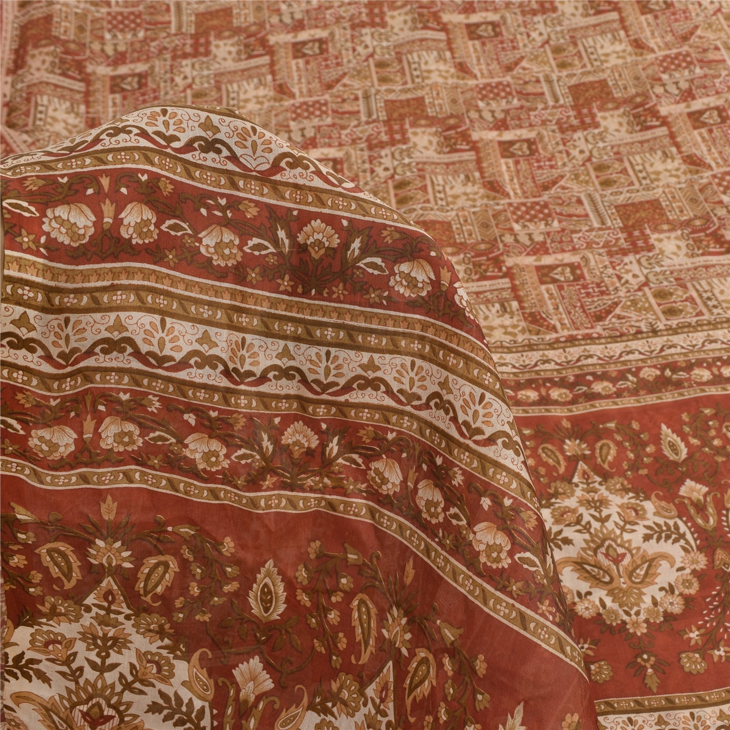 Sanskriti Vintage Sarees Orange Indian Pure Silk Printed Sari 5yd Craft Sustainable Fabric