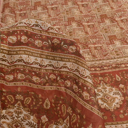 Sanskriti Vintage Sarees Orange Indian Pure Silk Printed Sari 5yd Craft Sustainable Fabric