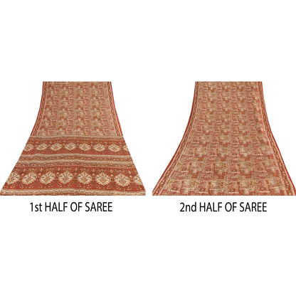 Sanskriti Vintage Sarees Orange Indian Pure Silk Printed Sari 5yd Craft Sustainable Fabric