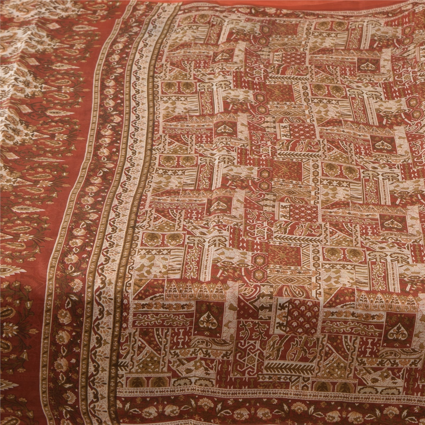 Sanskriti Vintage Sarees Orange Indian Pure Silk Printed Sari 5yd Craft Sustainable Fabric