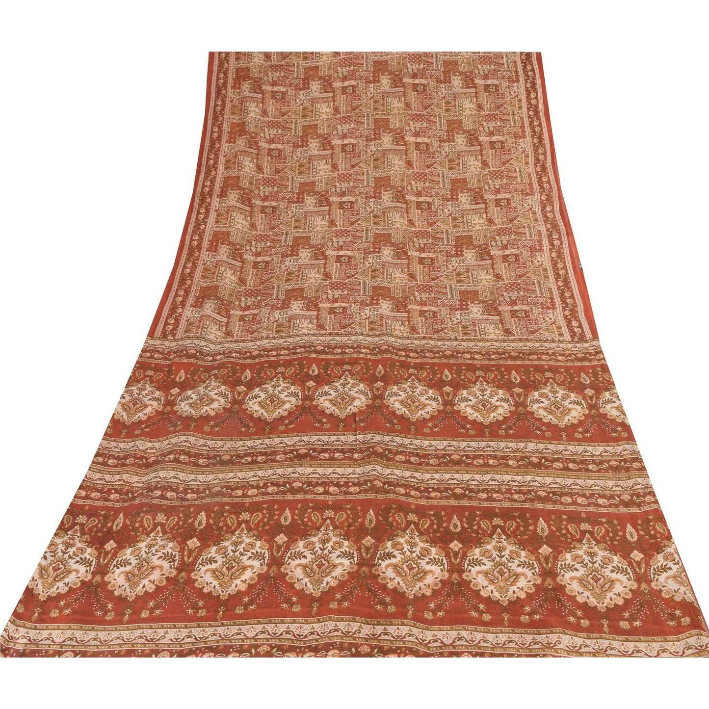 Sanskriti Vintage Sarees Orange Indian Pure Silk Printed Sari 5yd Craft Sustainable Fabric