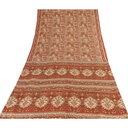 Sanskriti Vintage Sarees Orange Indian Pure Silk Printed Sari 5yd Craft Sustainable Fabric