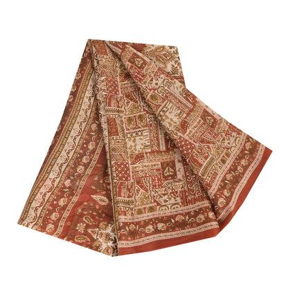 Sanskriti Vintage Sarees Orange Indian Pure Silk Printed Sari 5yd Craft Sustainable Fabric