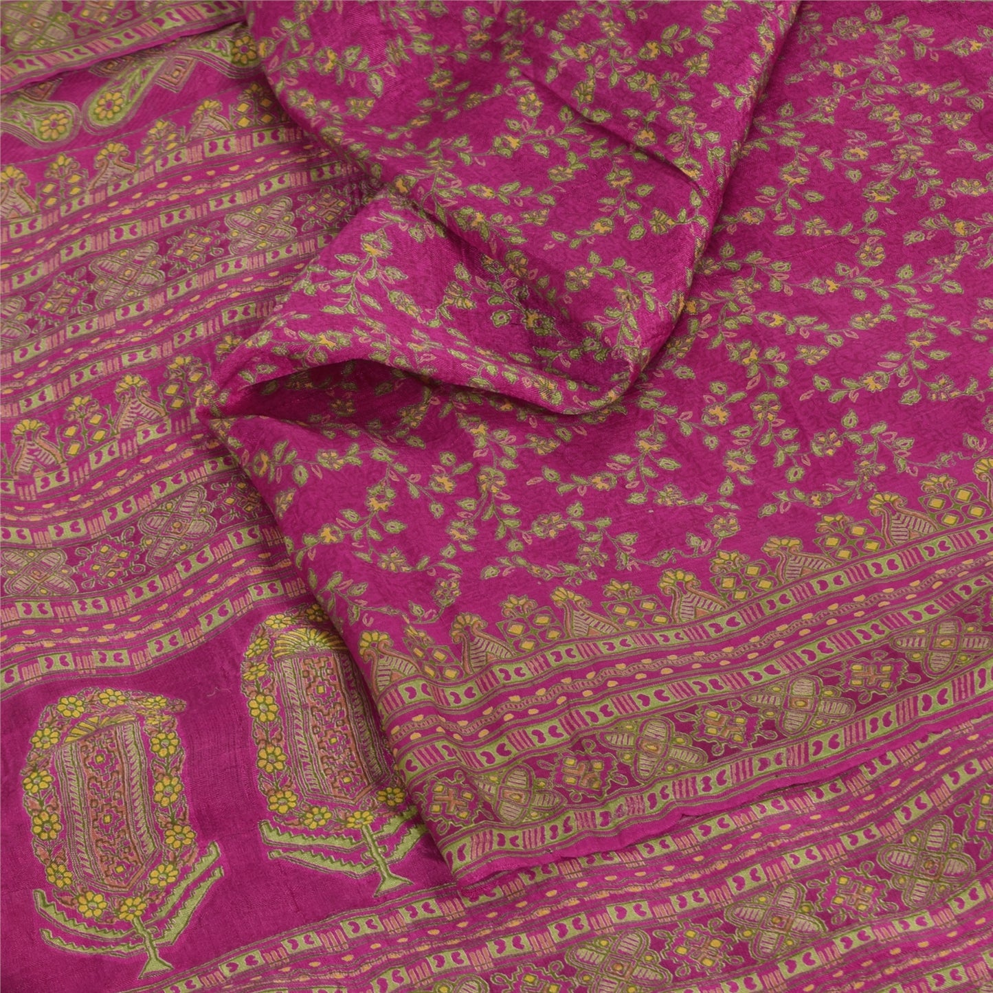Sanskriti Vintage Sarees Dark Pink 100% Pure Silk Printed Sari 5yd Craft Sustainable Fabric