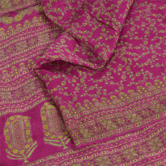 Sanskriti Vintage Sarees Dark Pink 100% Pure Silk Printed Sari 5yd Craft Sustainable Fabric