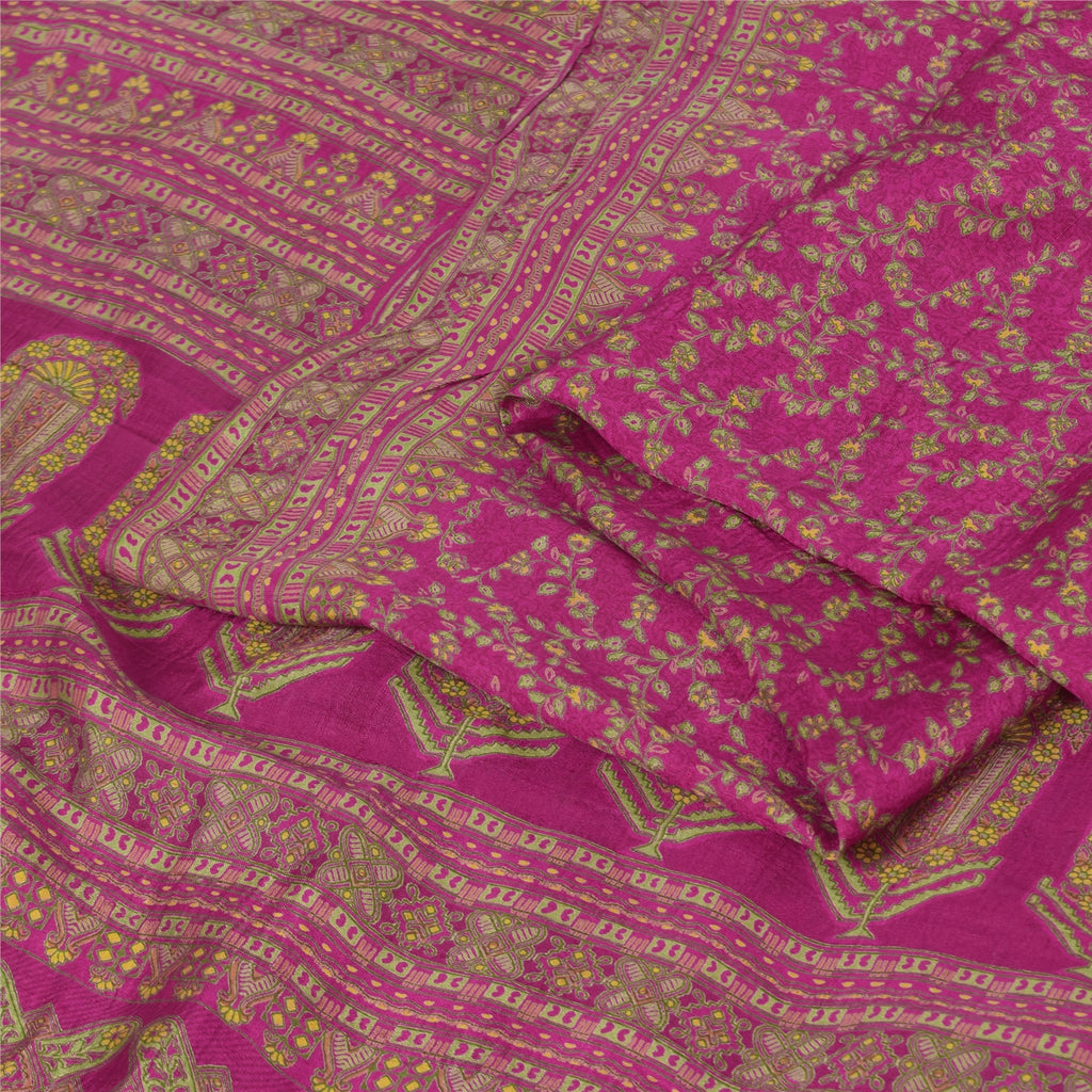 Sanskriti Vintage Sarees Dark Pink 100% Pure Silk Printed Sari 5yd Craft Sustainable Fabric