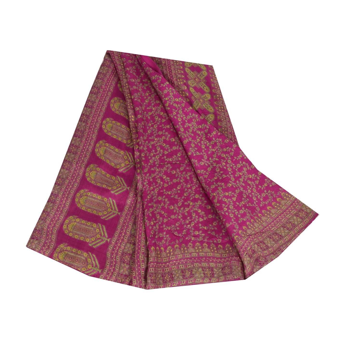 Sanskriti Vintage Sarees Dark Pink 100% Pure Silk Printed Sari 5yd Craft Sustainable Fabric