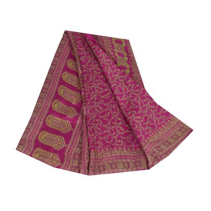 Sanskriti Vintage Sarees Dark Pink 100% Pure Silk Printed Sari 5yd Craft Sustainable Fabric