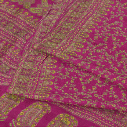 Sanskriti Vintage Sarees Dark Pink 100% Pure Silk Printed Sari 5yd Craft Sustainable Fabric