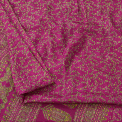 Sanskriti Vintage Sarees Dark Pink 100% Pure Silk Printed Sari 5yd Craft Sustainable Fabric