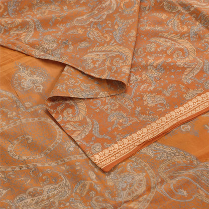 Sanskriti Vintage Sarees Saffron Indian Pure Silk Printed Sari 6yd Craft Sustainable Fabric